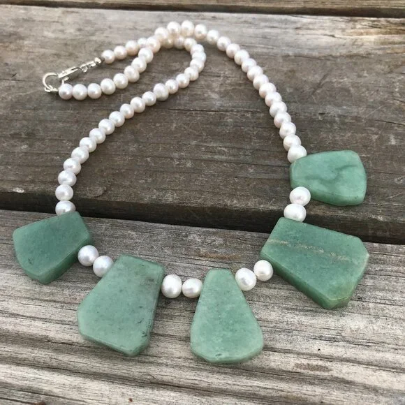 Genuine Natural Jade Nephrite Pearl Cleopatra Necklace Sterling Silver 925